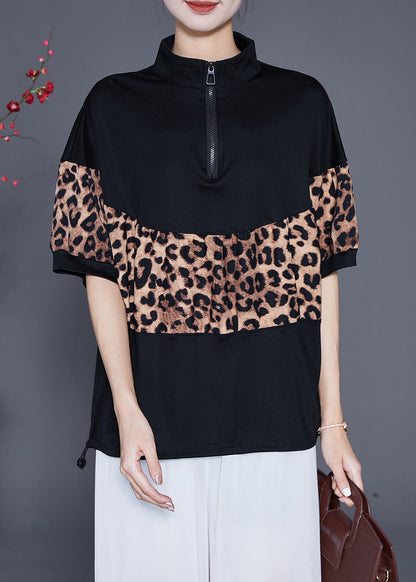 Black Patchwork Leopard Cotton Sweatshirts Top Drawstring Summer Ada Fashion