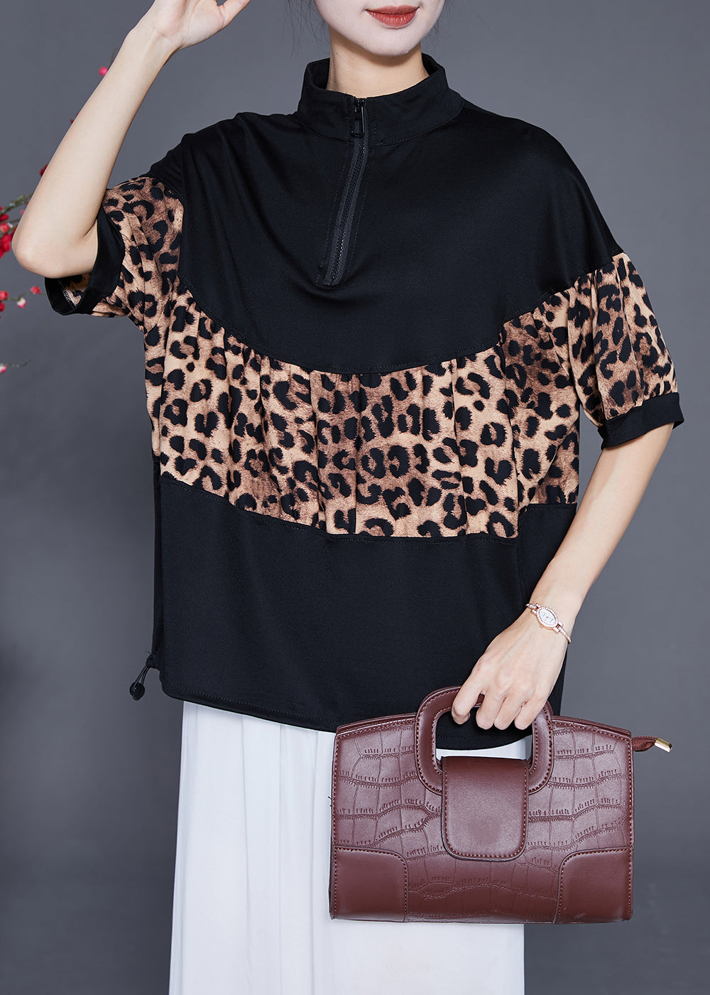 Black Patchwork Leopard Cotton Sweatshirts Top Drawstring Summer Ada Fashion