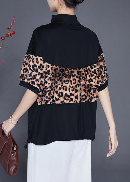 Black Patchwork Leopard Cotton Sweatshirts Top Drawstring Summer Ada Fashion