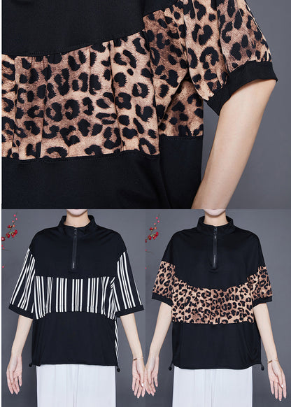 Black Patchwork Leopard Cotton Sweatshirts Top Drawstring Summer Ada Fashion