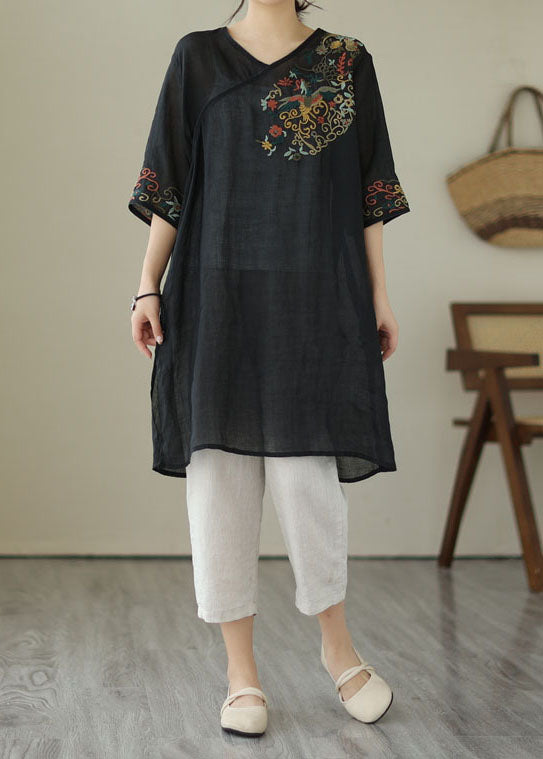 Black Patchwork Linen Mid Dress Embroideried V Neck Summer LY3989 - fabuloryshop