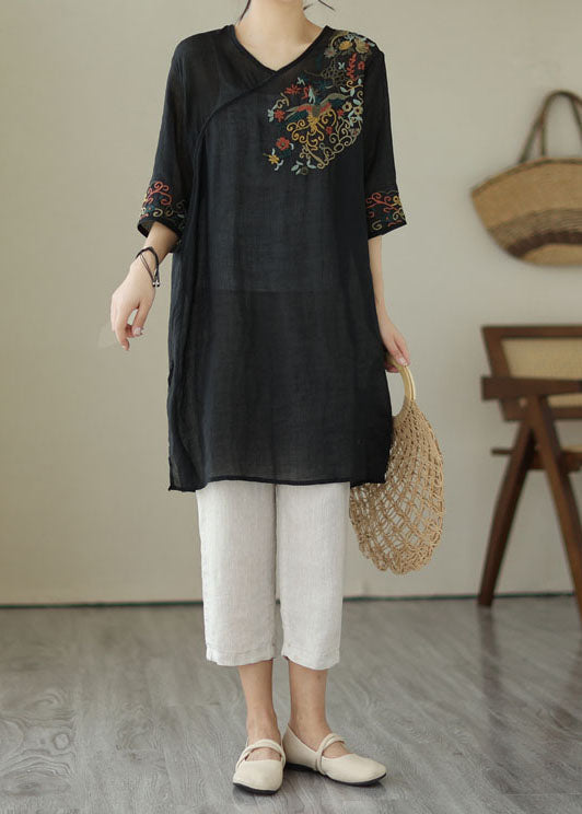 Black Patchwork Linen Mid Dress Embroideried V Neck Summer LY3989 - fabuloryshop