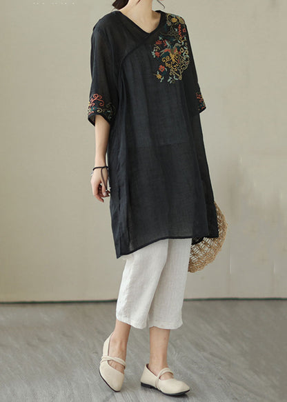 Black Patchwork Linen Mid Dress Embroideried V Neck Summer LY3989 - fabuloryshop