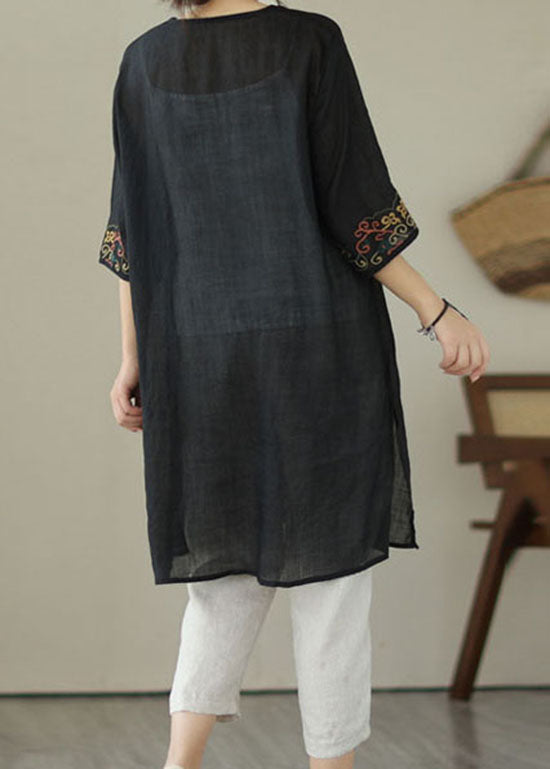 Black Patchwork Linen Mid Dress Embroideried V Neck Summer LY3989 - fabuloryshop