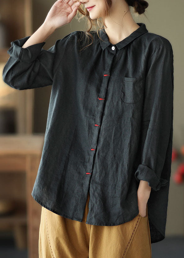 Black Patchwork Linen Shirt Peter Pan Collar Embroideried Spring LY6247 - fabuloryshop