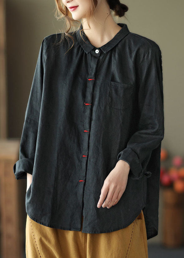 Black Patchwork Linen Shirt Peter Pan Collar Embroideried Spring LY6247 - fabuloryshop