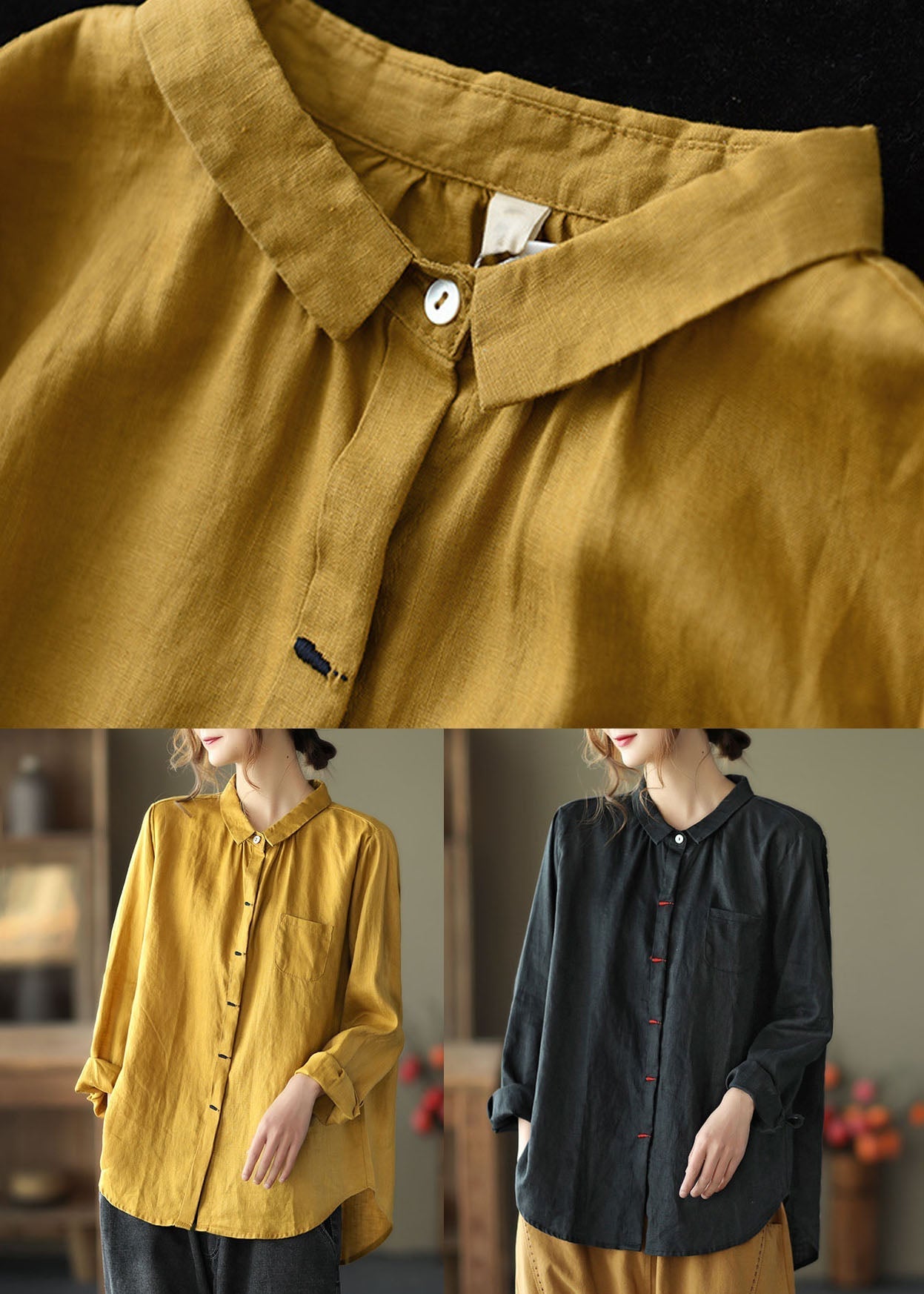 Black Patchwork Linen Shirt Peter Pan Collar Embroideried Spring LY6247 - fabuloryshop