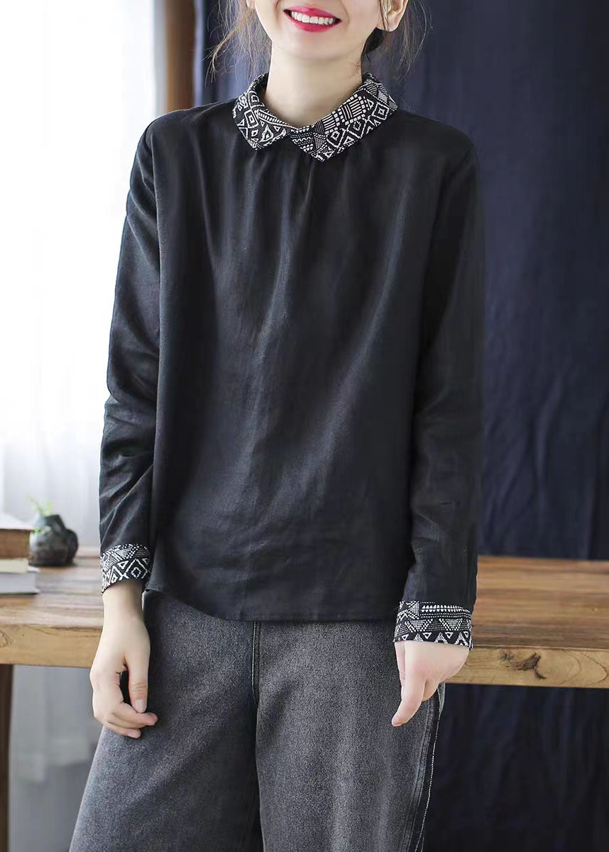 Black Patchwork Linen Shirt Peter Pan Collar Wrinkled Spring LY6242 - fabuloryshop