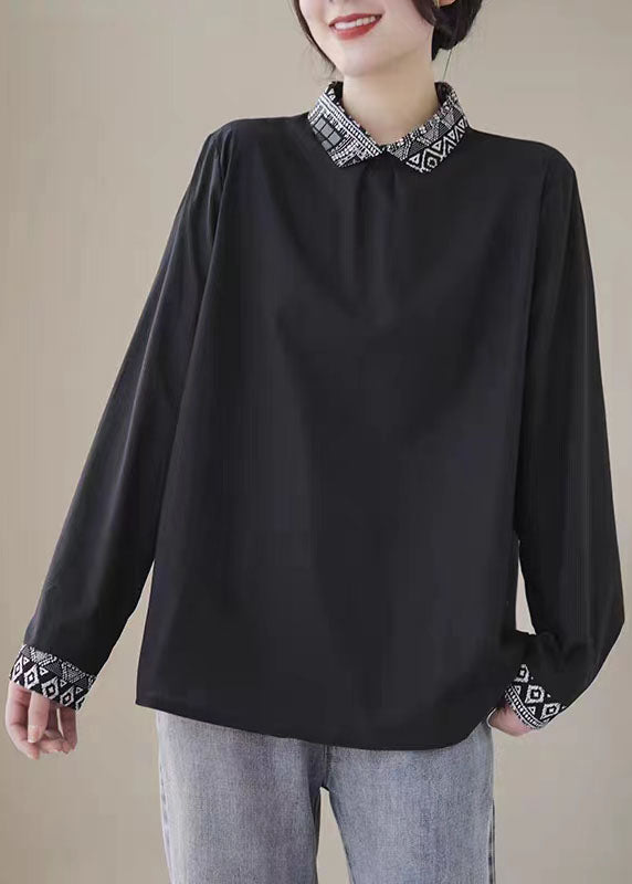 Black Patchwork Linen Shirt Peter Pan Collar Wrinkled Spring LY6242 - fabuloryshop