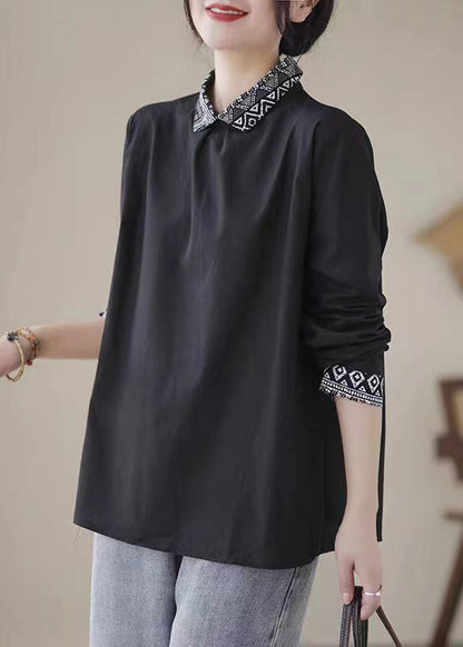 Black Patchwork Linen Shirt Peter Pan Collar Wrinkled Spring LY6242 - fabuloryshop