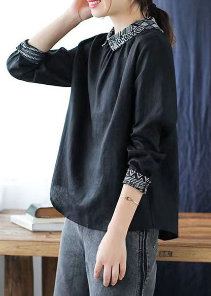 Black Patchwork Linen Shirt Peter Pan Collar Wrinkled Spring LY6242 - fabuloryshop