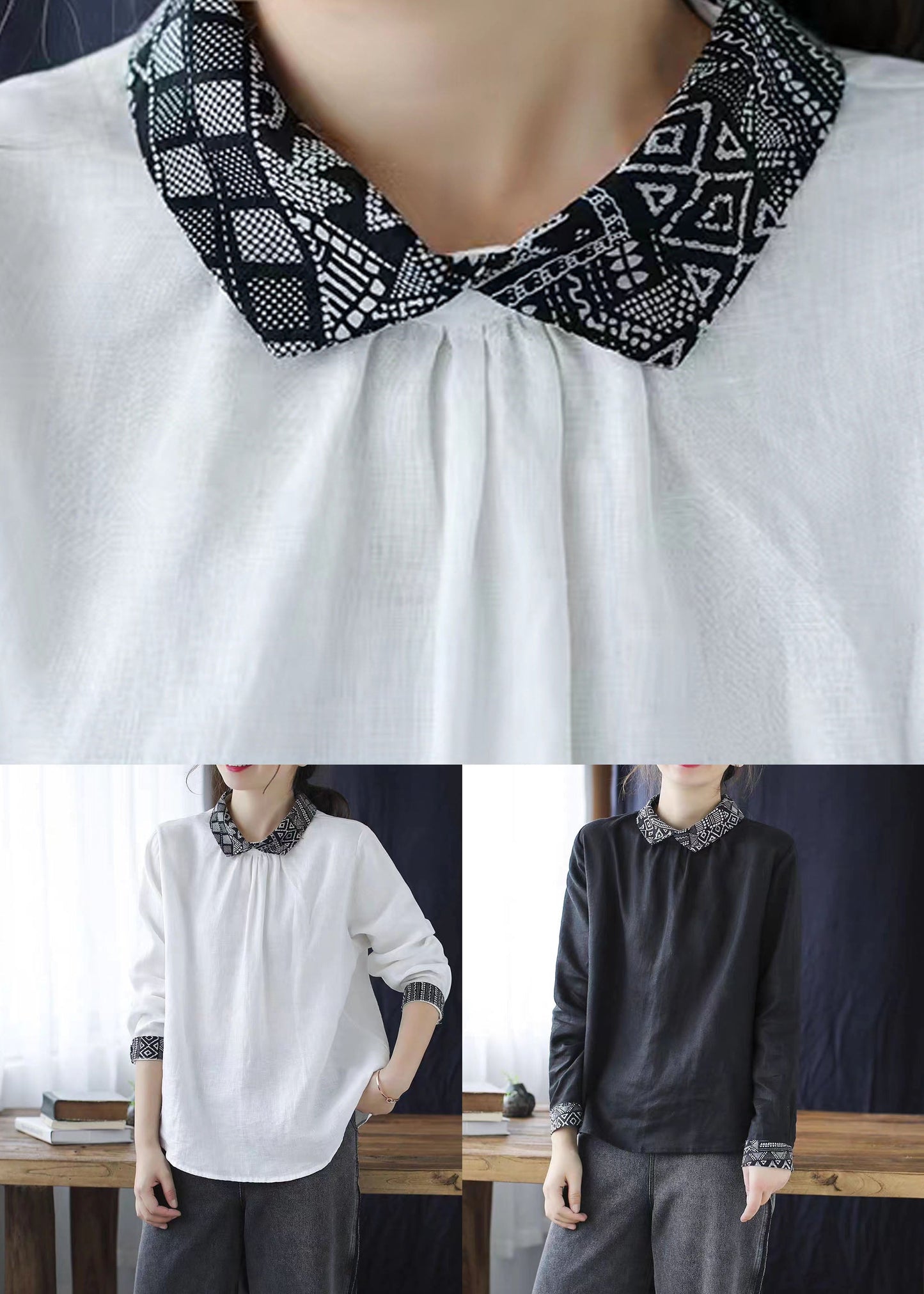 Black Patchwork Linen Shirt Peter Pan Collar Wrinkled Spring LY6242 - fabuloryshop