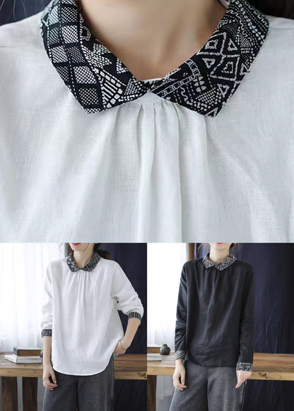 Black Patchwork Linen Shirt Peter Pan Collar Wrinkled Spring LY6242 - fabuloryshop