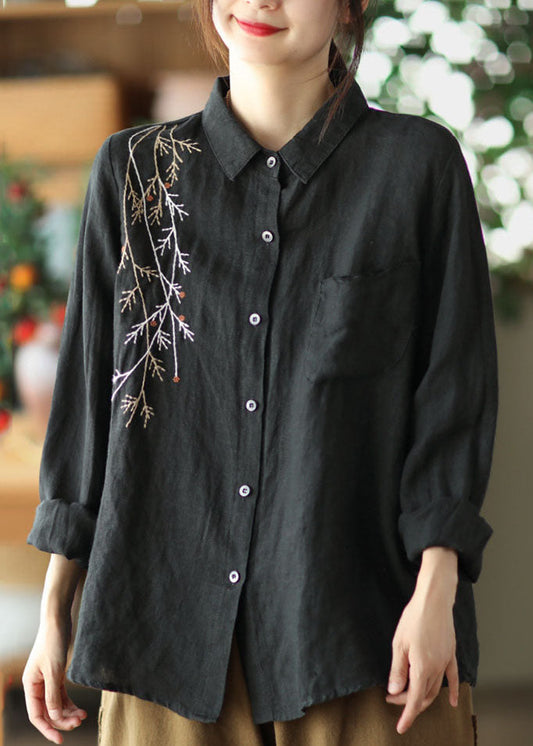 Black Patchwork Linen Shirt Top Embroideried Button Spring LY6189 - fabuloryshop