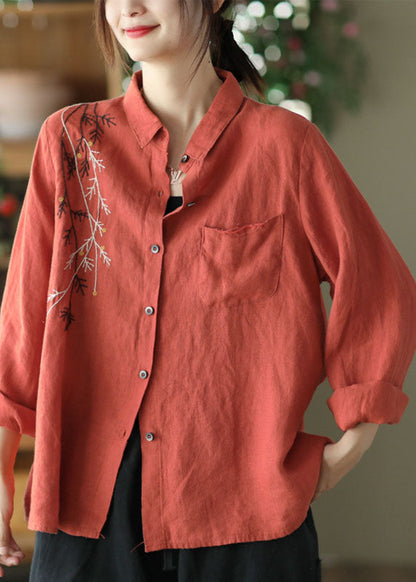 Black Patchwork Linen Shirt Top Embroideried Button Spring LY6189 - fabuloryshop