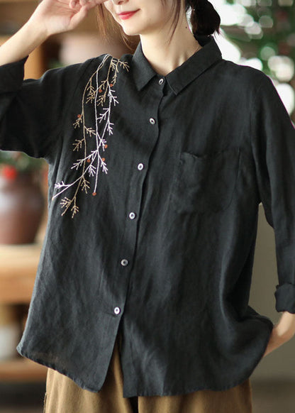 Black Patchwork Linen Shirt Top Embroideried Button Spring LY6189 - fabuloryshop