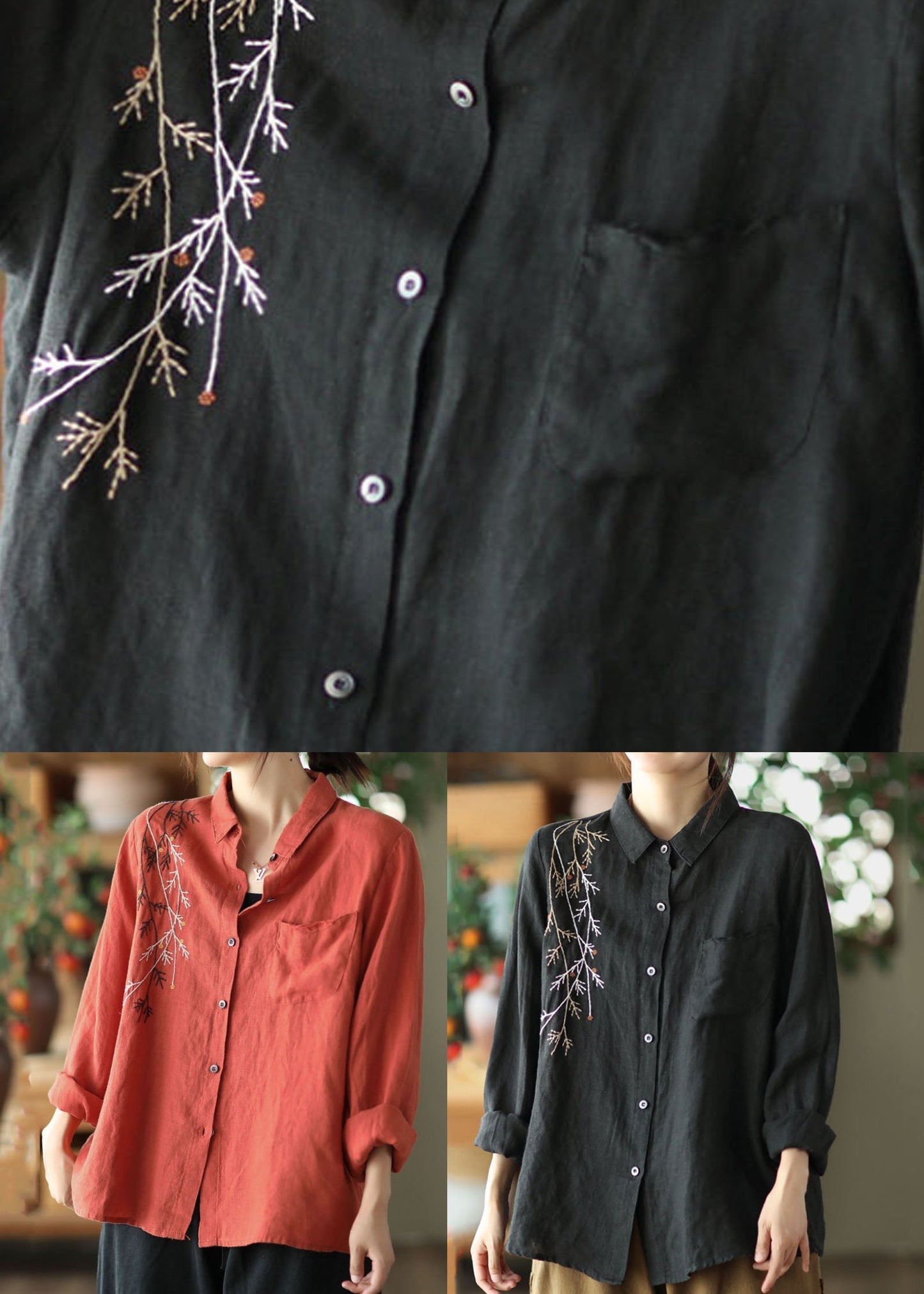Black Patchwork Linen Shirt Top Embroideried Button Spring LY6189 - fabuloryshop