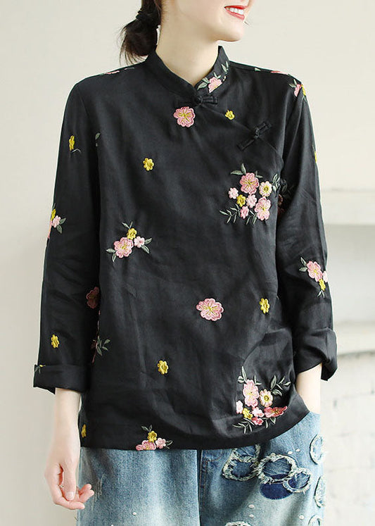 Black Patchwork Linen Shirt Top Embroideried Chinese Button Spring LY6193 - fabuloryshop