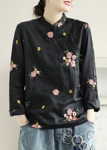 Black Patchwork Linen Shirt Top Embroideried Chinese Button Spring LY6193 - fabuloryshop