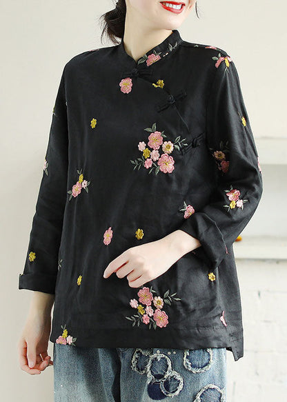 Black Patchwork Linen Shirt Top Embroideried Chinese Button Spring LY6193 - fabuloryshop