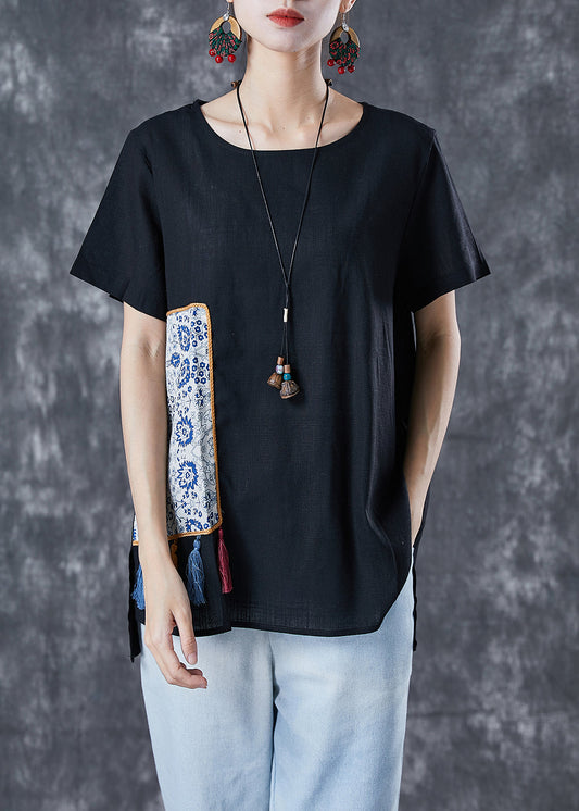 Black Patchwork Linen Tank Tops Oversized Tassel Summer TA1030 - fabuloryshop
