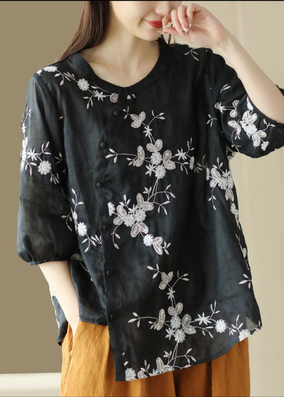 Black Patchwork Linen Top O-Neck Embroideried Button Summer LY5094 - fabuloryshop