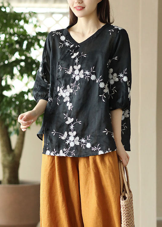 Black Patchwork Linen Top O-Neck Embroideried Button Summer LY5094 - fabuloryshop