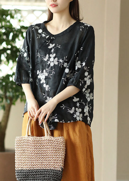 Black Patchwork Linen Top O-Neck Embroideried Button Summer LY5094 - fabuloryshop