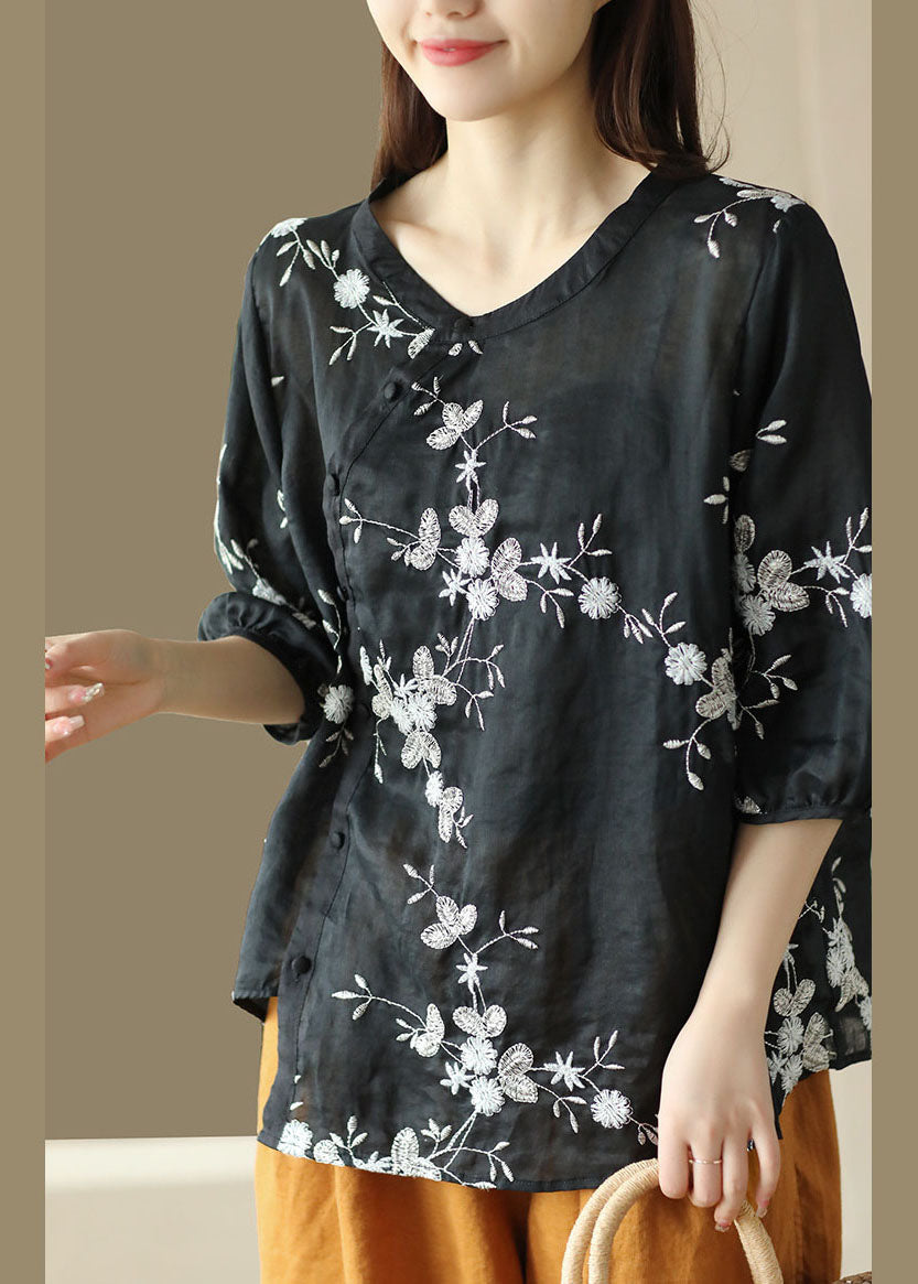 Black Patchwork Linen Top O-Neck Embroideried Button Summer LY5094 - fabuloryshop