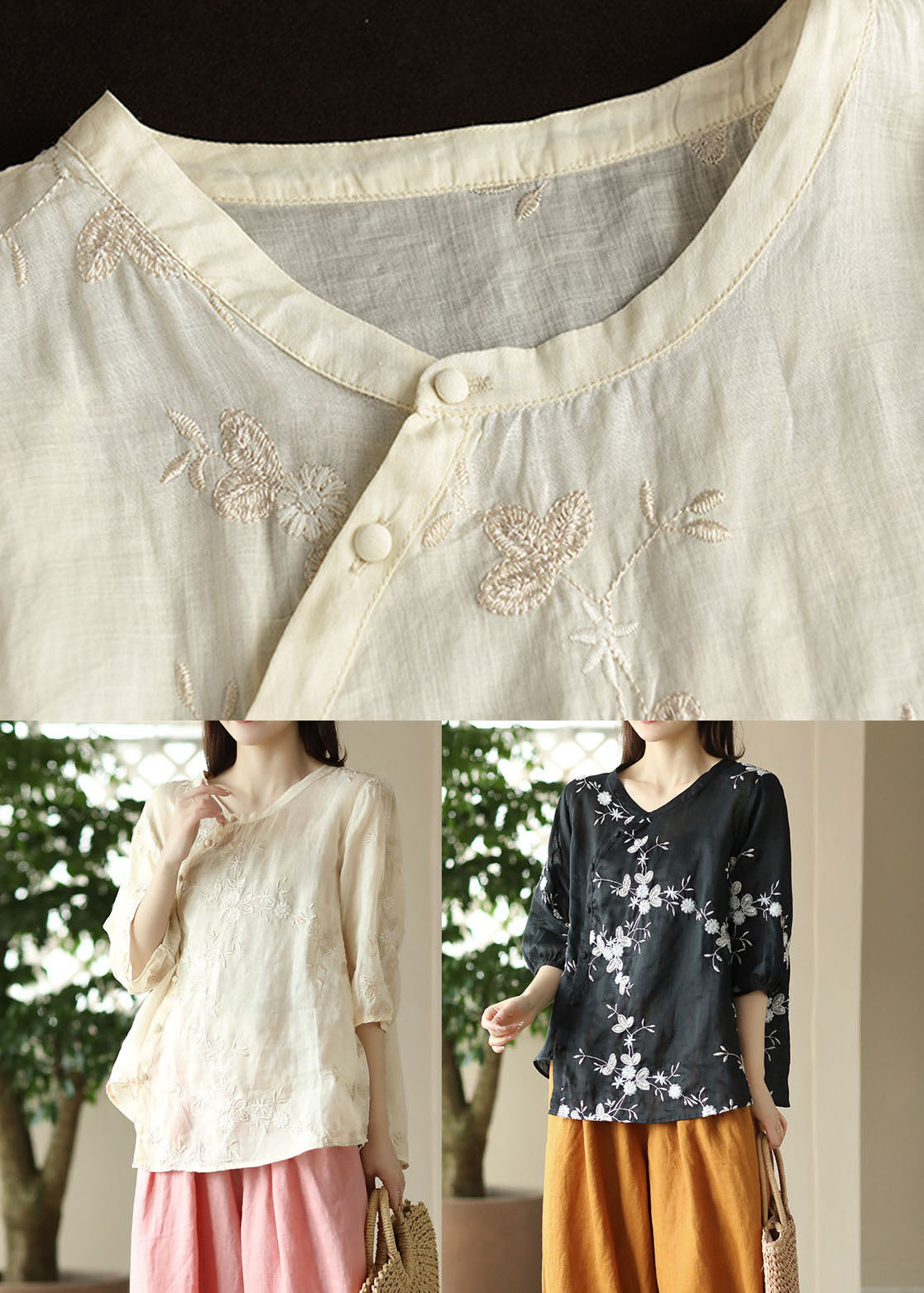 Black Patchwork Linen Top O-Neck Embroideried Button Summer LY5094 - fabuloryshop