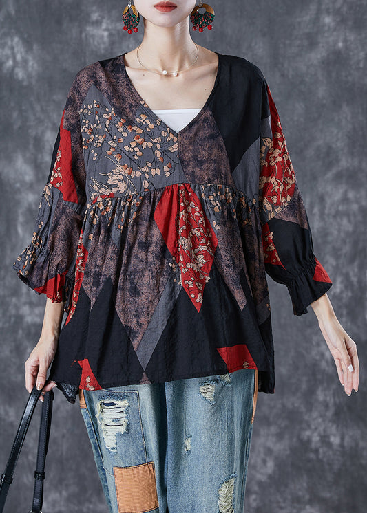 Black Patchwork Linen Top Oversized Print Flare Sleeve Ada Fashion