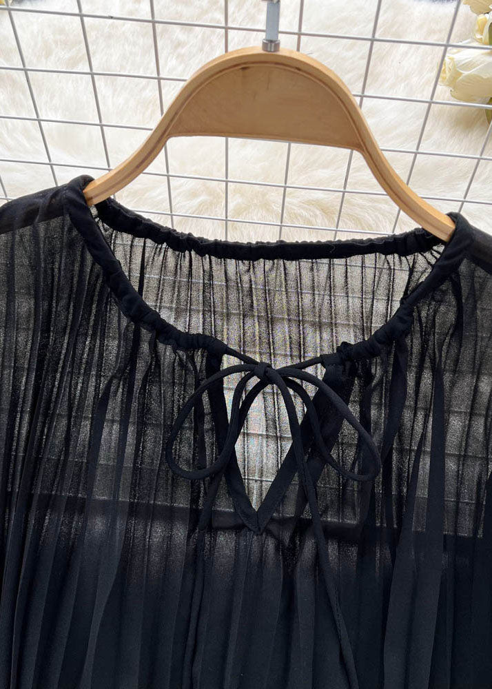 Black Patchwork Loose Chiffon Top O Neck Wrinkled Lace Up Summer Ada Fashion