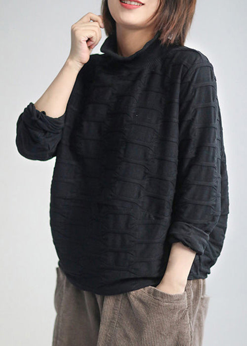 Black Patchwork Loose Warm Fleece Turtleneck Long Sleeve Ada Fashion