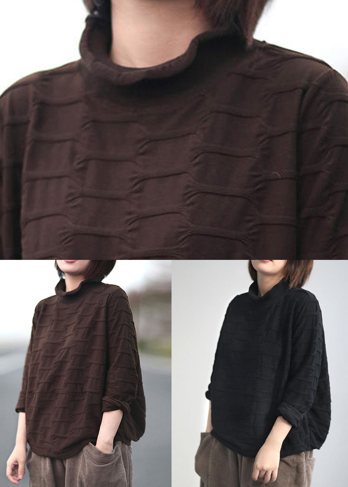 Black Patchwork Loose Warm Fleece Turtleneck Long Sleeve Ada Fashion