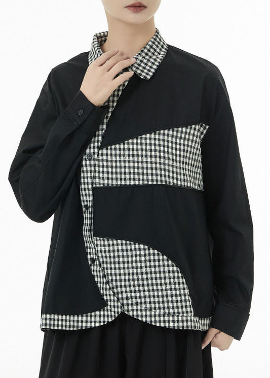 Black Patchwork Plaid Cotton Shirt Top Asymmetrical Button Spring TS1030 - fabuloryshop
