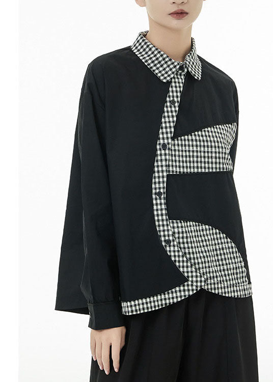 Black Patchwork Plaid Cotton Shirt Top Asymmetrical Button Spring TS1030 - fabuloryshop