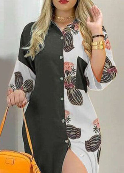 Black Patchwork Print Chiffon Shirts Dress Button Spring LY1931 - fabuloryshop