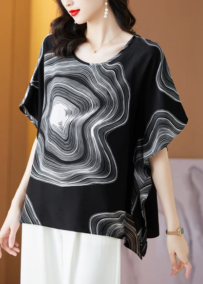 Black Patchwork Print Silk Blouse Tops O Neck Summer LY0482 - fabuloryshop