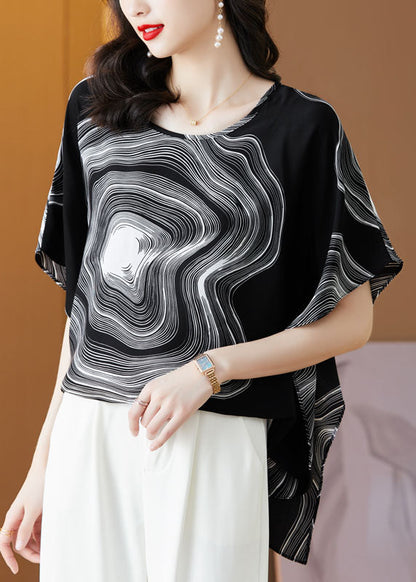 Black Patchwork Print Silk Blouse Tops O Neck Summer LY0482 - fabuloryshop