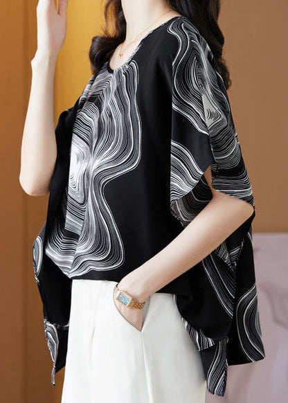 Black Patchwork Print Silk Blouse Tops O Neck Summer LY0482 - fabuloryshop