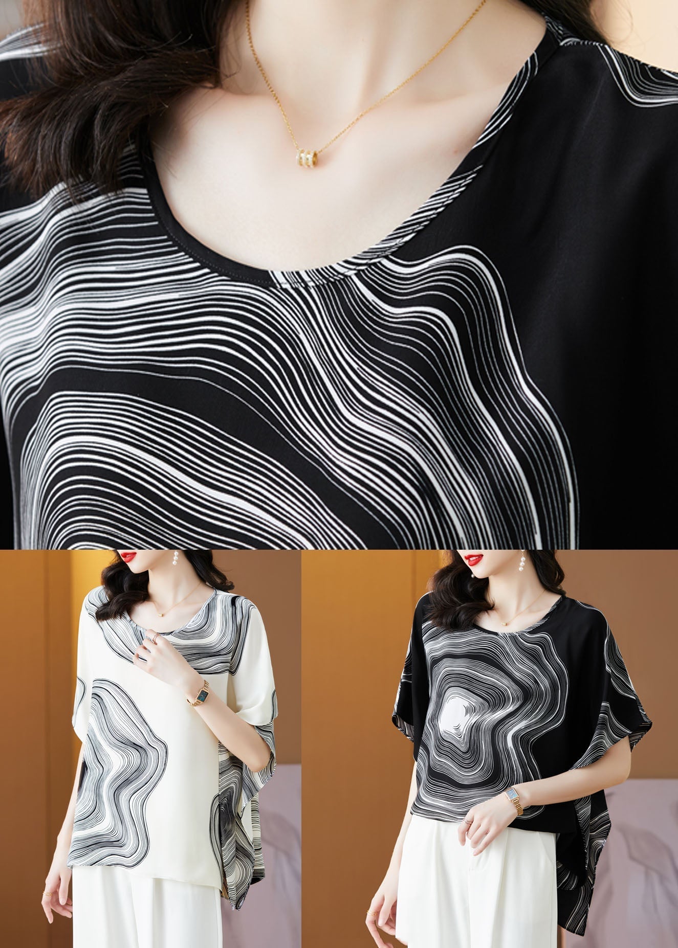 Black Patchwork Print Silk Blouse Tops O Neck Summer LY0482 - fabuloryshop