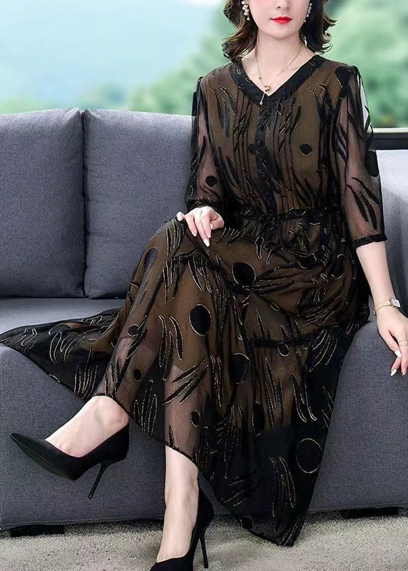 Black Patchwork Silk Dress V Neck Drawstring Wrinkled Summer LY5988 Ada Fashion
