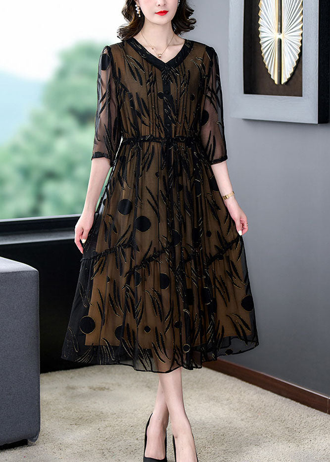 Black Patchwork Silk Dress V Neck Drawstring Wrinkled Summer LY5988 Ada Fashion