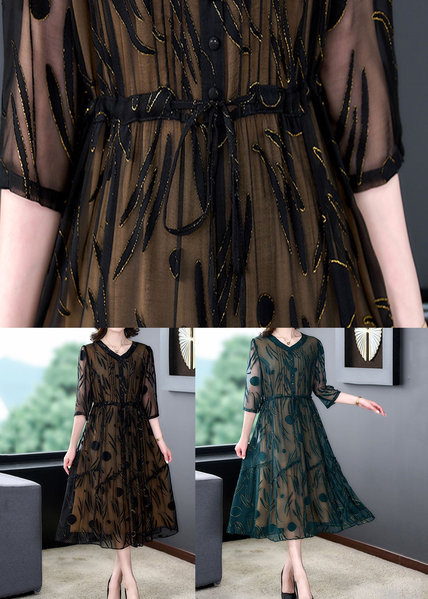 Black Patchwork Silk Dress V Neck Drawstring Wrinkled Summer LY5988 Ada Fashion