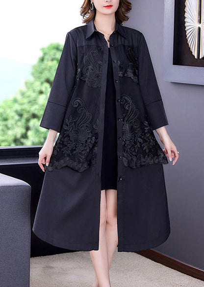 Black Patchwork Silk Trench Embroideried Tie Waist Bracelet Sleeve LY3708 - fabuloryshop