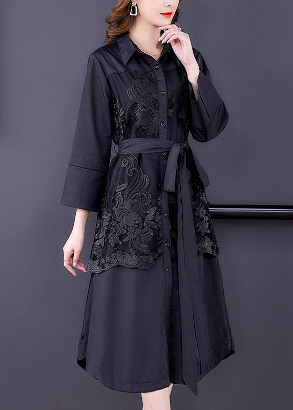 Black Patchwork Silk Trench Embroideried Tie Waist Bracelet Sleeve LY3708 - fabuloryshop