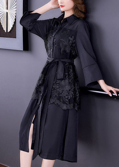 Black Patchwork Silk Trench Embroideried Tie Waist Bracelet Sleeve LY3708 - fabuloryshop