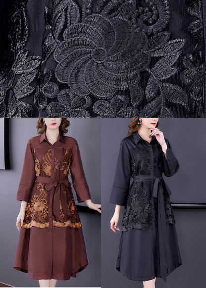 Black Patchwork Silk Trench Embroideried Tie Waist Bracelet Sleeve LY3708 - fabuloryshop