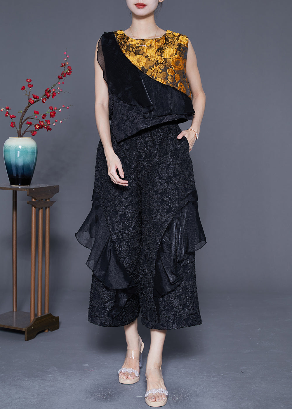 Black Patchwork Silk Two Piece Set Women Clothing Ruffles Jacquard Summer LY4819 - fabuloryshop