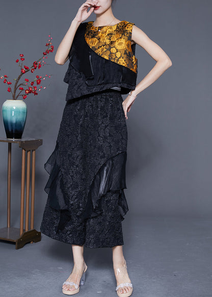 Black Patchwork Silk Two Piece Set Women Clothing Ruffles Jacquard Summer LY4819 - fabuloryshop